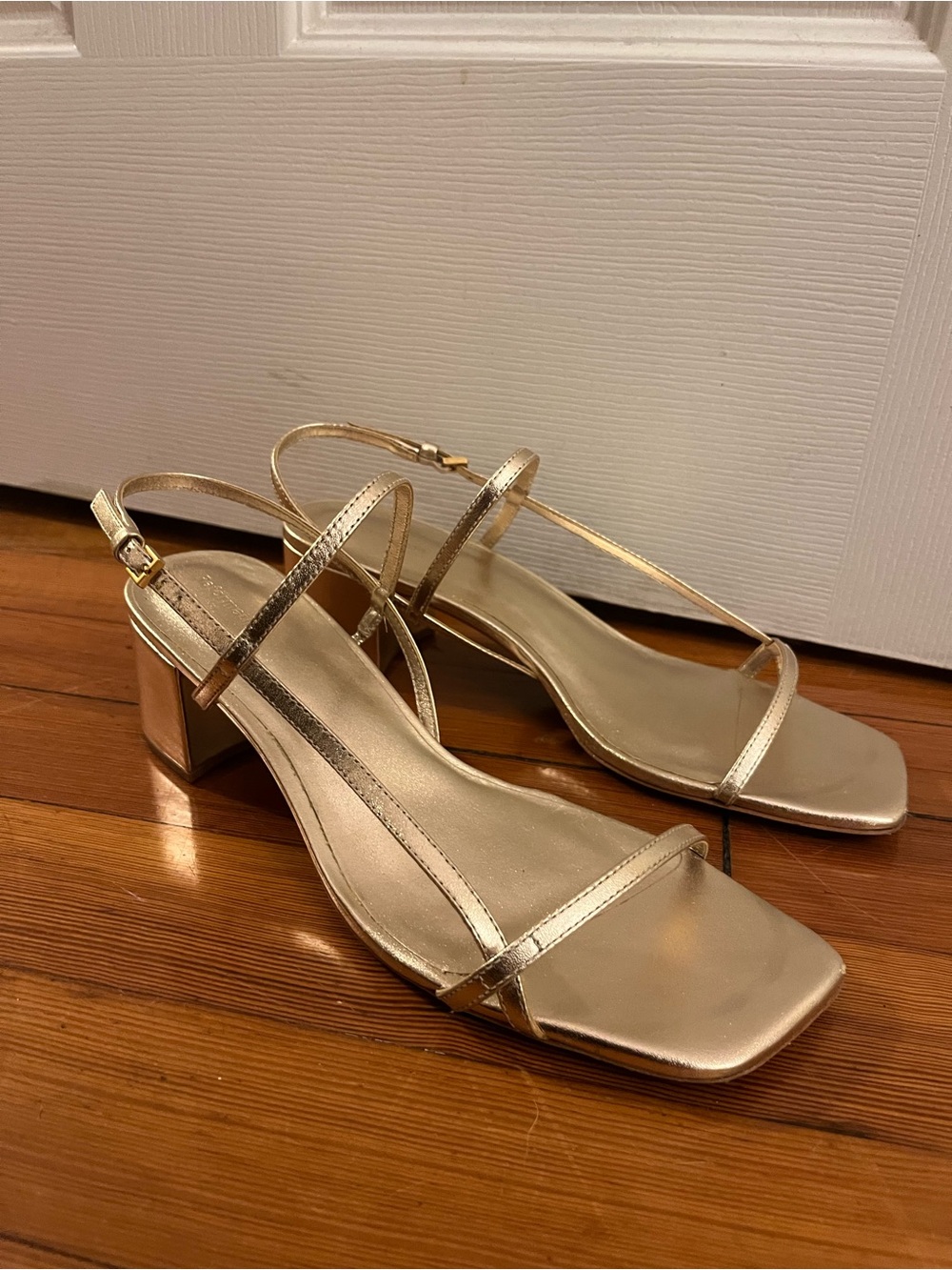 Reformation Gold Metallic Strappy Block Heels